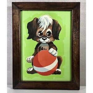 1975  Craft Master Oil Paint by Number 'New Puppy' completed and Framed